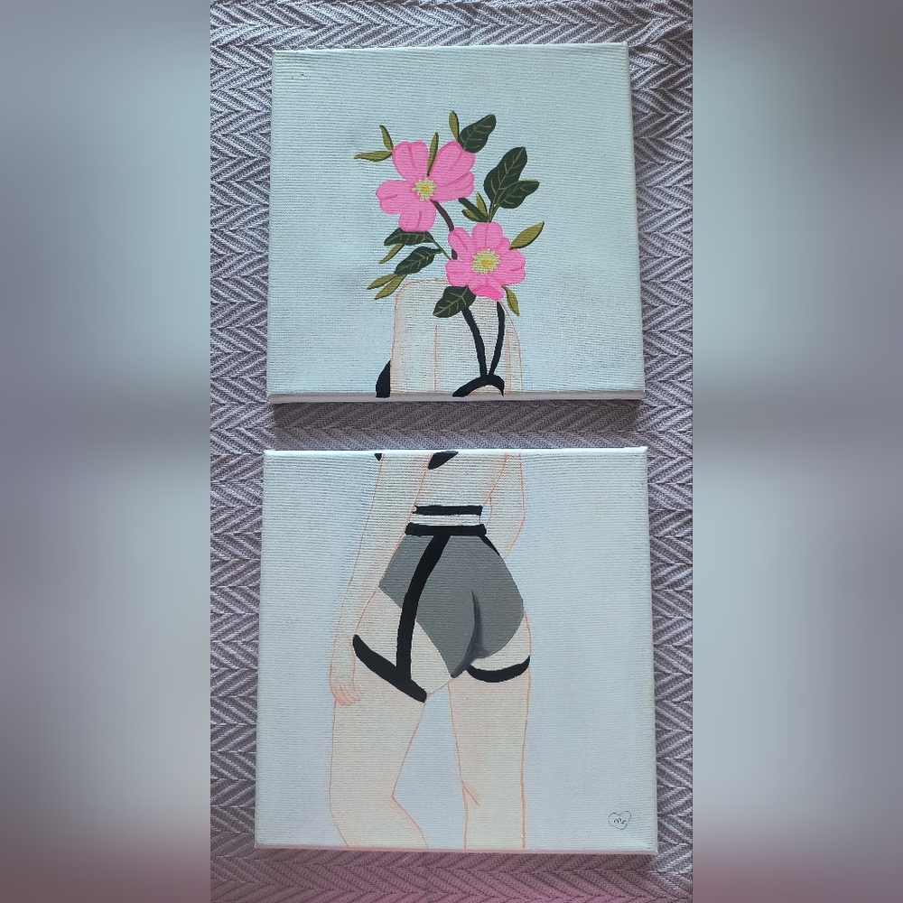 Floral Art Canvas Set with Pink and Gray Accents